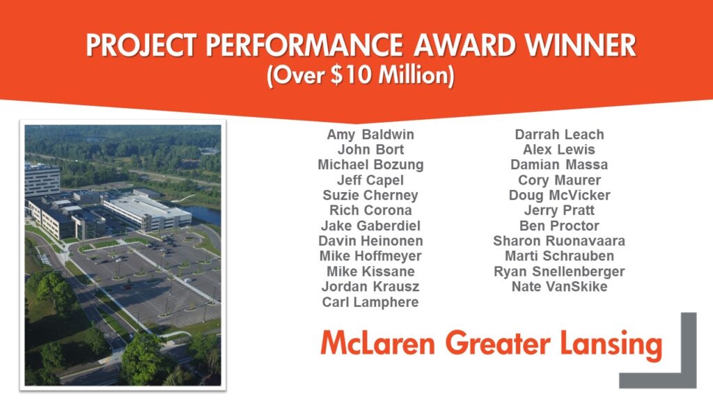 Award presentation slide titled Project Performance Award Winner (Over $10 Million) showcases the names of recipients, highlighting McLaren Greater Lansing in red. An aerial photo of a hospital building sits in the bottom left corner, celebrating Granger Constructions role in advancing the art of building.