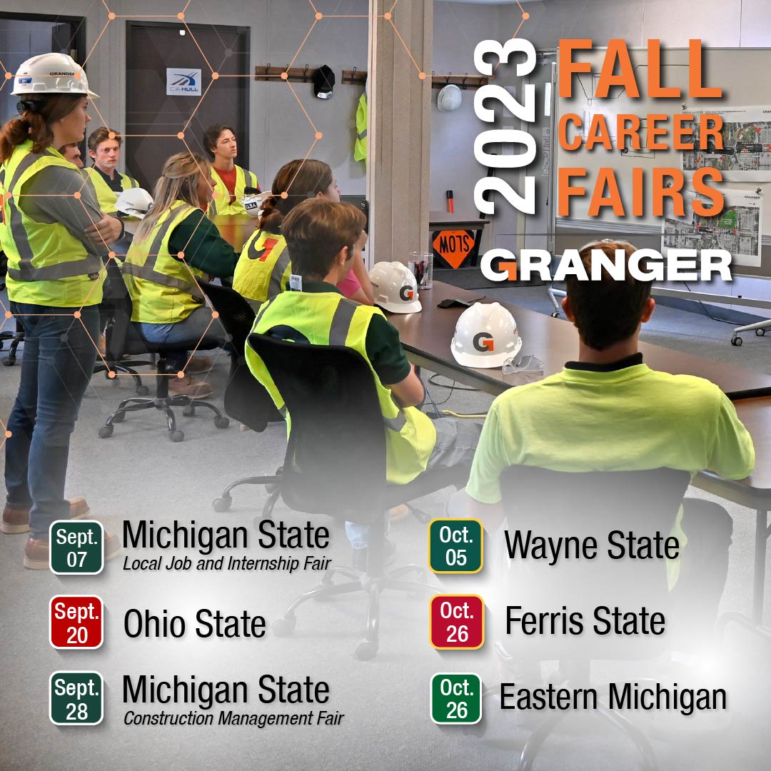 A group of interns in Granger PPE sit in a jobsite trailer. The text reads, “2023 Fall Career Fairs,” followed by the Granger logo. At the bottom of the graphic are the dates and locations for fall career fairs: - September 7 at Michigan State University - September 20 at The Ohio State University - September 28 at Michigan State University - October 5 at Wayne State University - October 26 at Ferris State University - October 26 at Eastern Michigan University