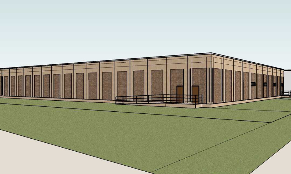 3D rendering of the WSU Data Center, a large, rectangular brick building with a flat roof. Its symmetrical vertical brick patterns and small square windows complement the central brown door with an adjacent ramp, all set against a green lawn under a clear sky.