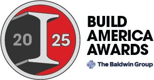 Logo featuring a round emblem with 2024 in bold numbers and a stylized I at the center. The text Build America Awards and a city skyline with contractors risk partners appear on the right.
